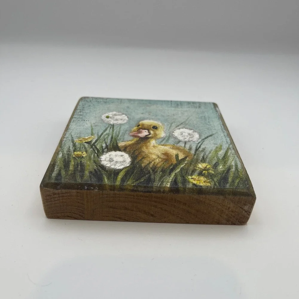 Primitive by Kathy Duckling Dandelion Wood Block Sign Rustic Farmhouse Decor 4x4